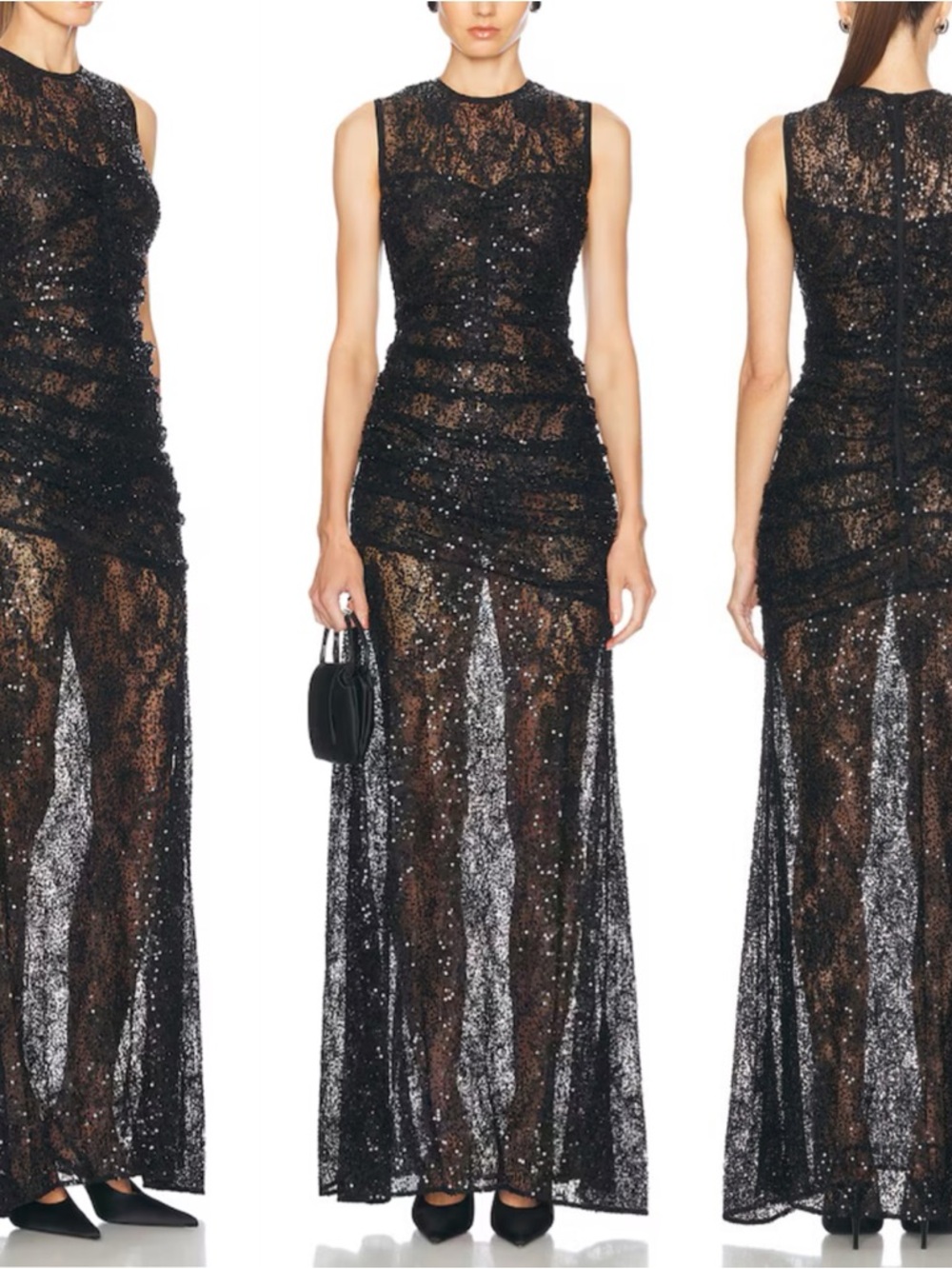 AKNVAS Sheer Sleeveless Sequin & Lace Ruched Body 'Lina' Gown (Sz: 2/ $995)